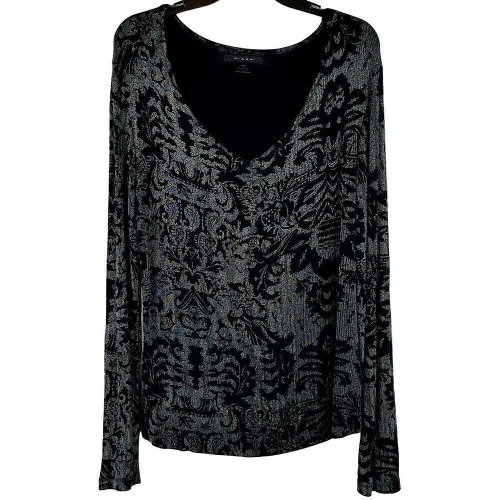 Kiara Floral Stretchy Black Gray V-Neck Travel Blouse Large